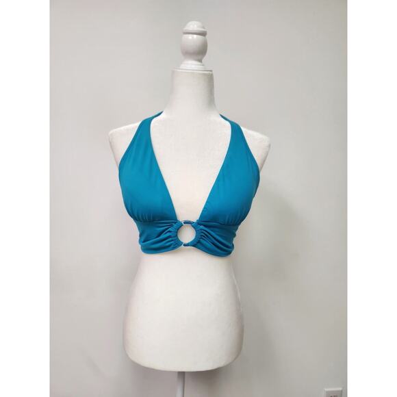 Carmen Marc Valvo Women's Ring Front Halter Bikini Top Turquoise Large - Picture 2 of 8